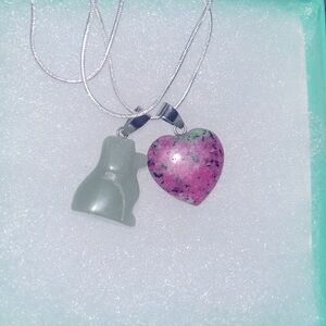 Boho Hippie Ruby in Zoisite love heart & Jade Dog Sterling Silver Necklace 16”
